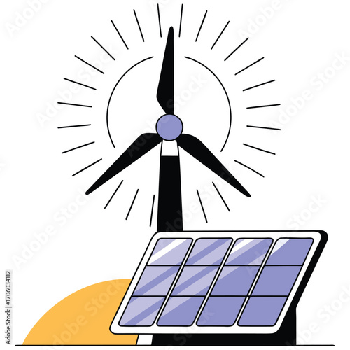 Vector art of wind turbine and solar panel generating renewable energy