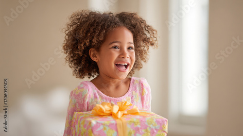 joyful child holding beautifully wrapped gift bursting with excitement as they giggle