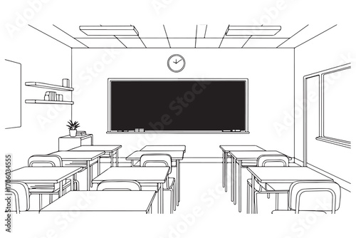Empty classroom with desks, chairs, blackboard and window school education