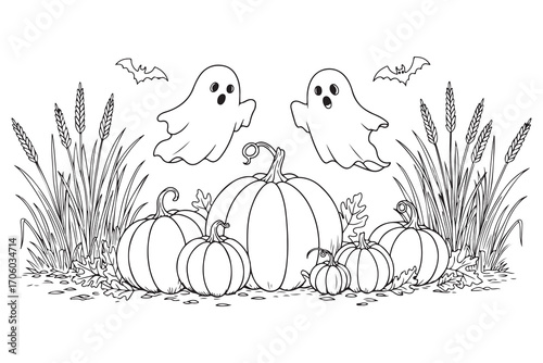 Halloween Pumpkins Ghosts and Bats with Wheat Stalks vector illustration