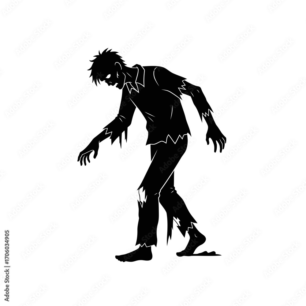 Fototapeta premium Vector art of silhouette of a zombie walking halloween concept with undead monster, creepy character, and spooky silhouette