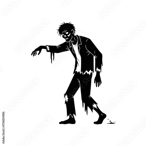 Vector art of zombie silhouette creepy undead monster walking with arms outstretched, halloween character in black and white style