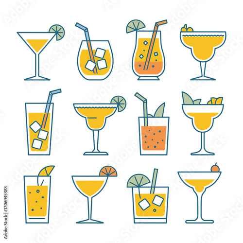Vector illustration set of colorful cocktail icons. A collection of summer alcoholic drinks in various glasses with straws and lime garnishes