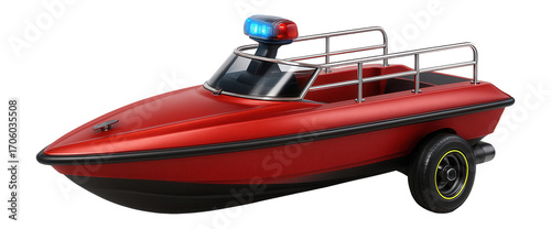 Jet-powered fire rescue boat with a sleek design and integrated siren system