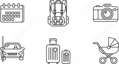 Travel planning family vacation holiday icons vector outline
