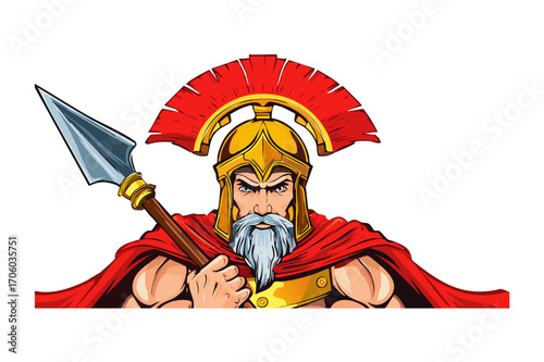 Powerful ancient warrior holding spear ready for battle, Spartan or Trojan warrior with helmet and spear, Ancient Greek Hoplite muscular Warrior,