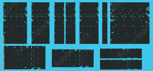 Linocut stamp texture collection. Grunge urban backgrounds set. Rough black ink roller textures. Hand drawn black paint stamp on bright blue bg. Street art distress overlay. Lino ink grungy remains.