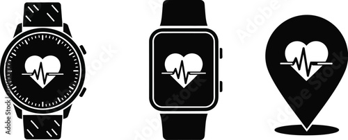 Heart rate monitor smart watch fitness tracker vector icons