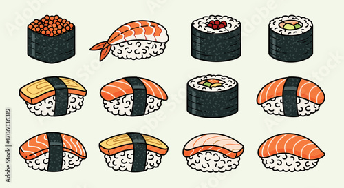 A collection of twelve different sushi rolls featuring salmon, shrimp, and other traditional ingredients