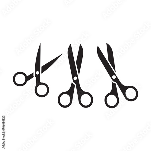A collection of black scissor icons in various open positions. Simple vector silhouette illustrations for crafting, tailoring, and office use