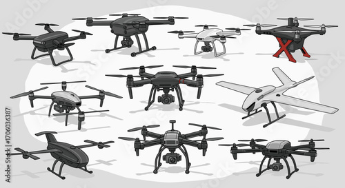 Collection of various drone designs with different shapes and configurations displayed on a light background