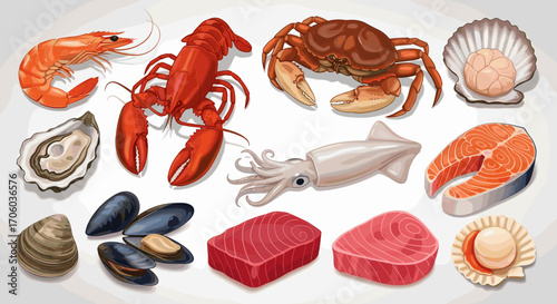 A collection of various seafood items including lobster, crab, shrimp, and different types of shellfish