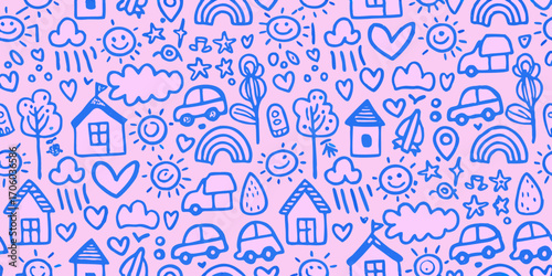 Charming hand drawn doodle seamless pattern featuring houses cars rainbows sun clouds and trees
