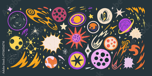 Whimsical hand drawn space elements featuring planets stars and comets in vibrant colors