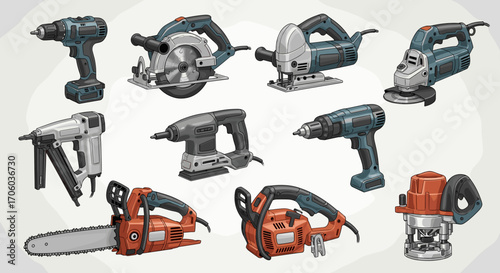 Illustration showcasing an assortment of power tools including drills saws and other construction equipment