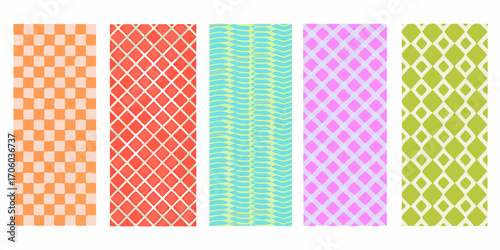 Collection of five vertical abstract patterns in bright cheerful colors and geometric designs