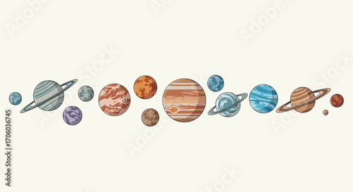 A colorful illustration of various planets with rings and different surface patterns in a row format
