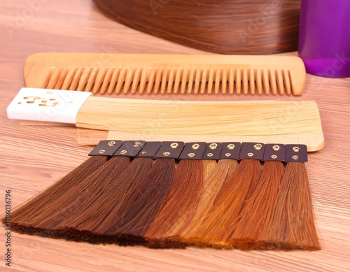 Hair coloring tools and swatches on a light-brown wooden surface