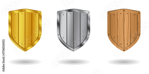 wooden shield and metal shield vector illustration isolated on white background.