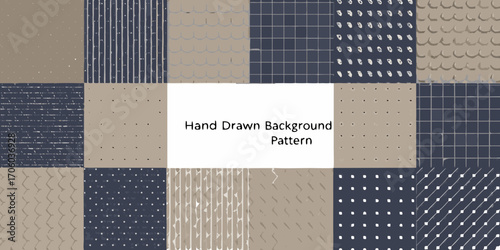 Collection of hand drawn abstract patterns and textures in earthy tones and navy blue