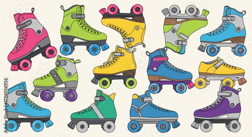 Collection of brightly colored roller skates arranged in a scattered pattern on a light background