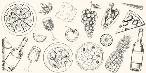 A delightful assortment of italian food and drink items sketched in a charming hand drawn style