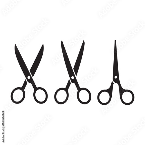 A set of three black scissor icons in open, semi-open, and closed positions isolated on a white background