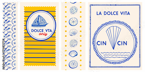 Collection of charming italian inspired designs featuring nautical elements and decorative patterns