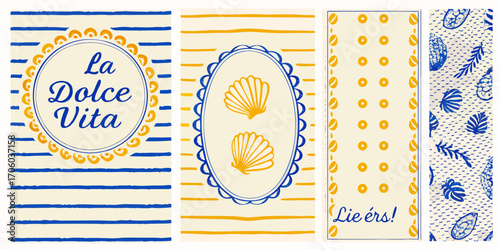 Collection of four vertical designs featuring italian phrase la dolce vita and french phrase lie rs with nautical and botanical motifs