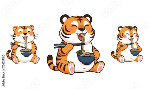 Cute Cartoon Tiger Cubs Happily Eating Noodles with Chopsticks