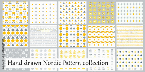 Collection of hand drawn nordic style seamless patterns in yellow gray and white