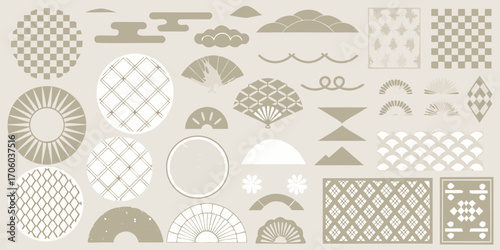 Collection of japanese traditional patterns and motifs in neutral beige and white tones