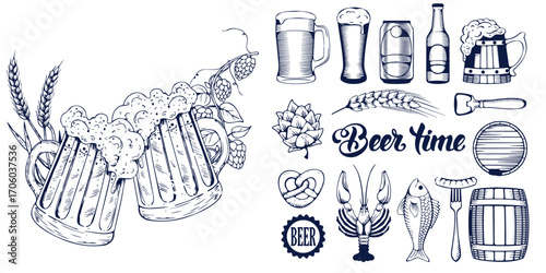 Beer brewery icons collection. Glasses, bottle, barrel hand drawn elements for pub, bar menu. Vector sketch illustration