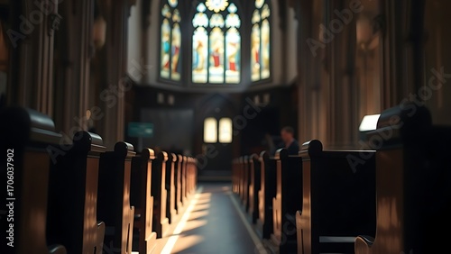 A serene church interior illuminated by stained glass, with empty wooden pews in focus.