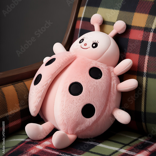 Adorable Pink Ladybug Plush Toy on a Plaid Chair