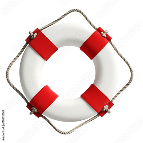 Schilderij op canvas A white life preserver ring with red accents and rope, isolated on transparent b