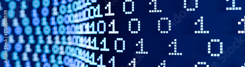 Close up abstract binary code in blue and white, computer language, software programming. Technology, coding, science, artifical intelligence, machine learning. 3D illustration