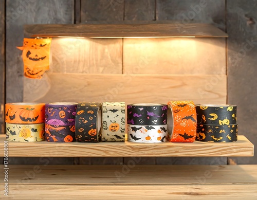 Halloween themed decorative tape rolls on a wooden shelf