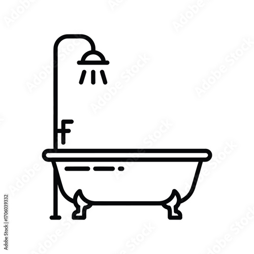 Minimalist black and white line art icon of a clawfoot bathtub with shower head and falling droplets on white background