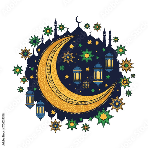 Illustration of a golden crescent moon surrounded by colorful stars and lanterns with a mosque silhouette in a vibrant and festive Islamic design on a white background.