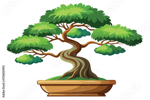 Detailed Bonsai Tree Illustration Lush Green Foliage and Elegant Brown Pot