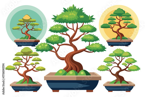 Collection of Beautiful Bonsai Tree Illustrations in Various Styles