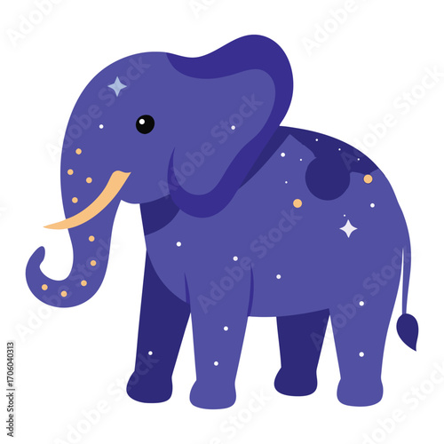 Wise Elephant Vector in Indigo Violet with Glowing Constellation Spots on White Background