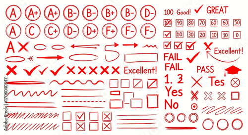 Red pen marks and symbols for grading and feedback on student work.