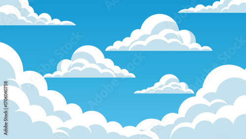 Stylized white clouds floating on a bright blue cartoon sky background.