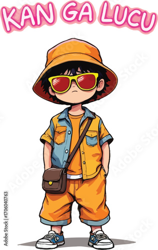 Stylish Cartoon Kid Vector with Bucket Hat, Sunglasses, and “KAN GA LUCU” Text for Youth Fashion and Playful Expression Themes