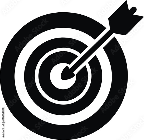 Black dartboard with a red arrow hitting the center bullseye isolated on white background isolated on transparent background