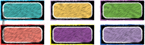 Colourful Scribed Paint Brush Stamp Collection: Vector Grunge Effect Text Boxes with Rough Ink Strokes, Distressed Scratches, and Splattered Frames on White Backgrounds