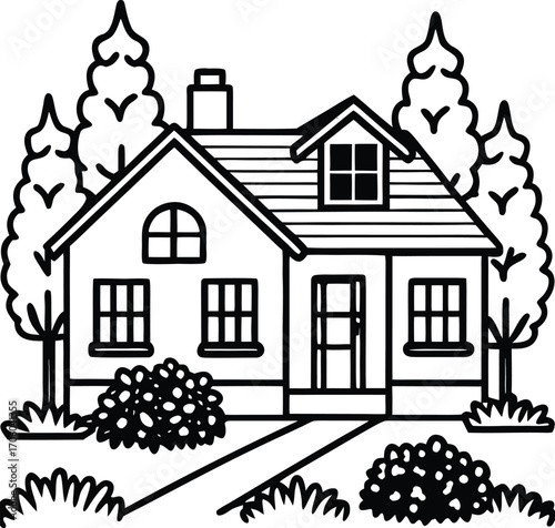 Charming countryside house with lush green garden and blue sky isolated on white background isolated on transparent background