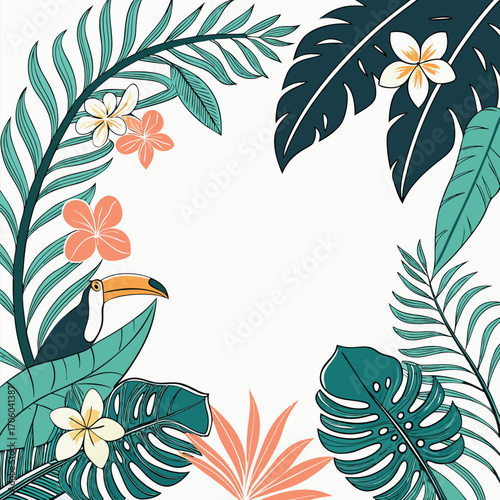 Tropical Paradise Illustration Toucan and Lush Foliage